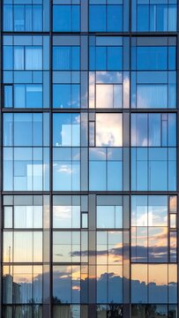 Modern glass building facade reflecting sky and clouds at sunset; sleek architectural design for contemporary urban development and real estate