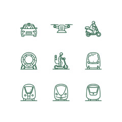 Modern Urban Mobility and Future Transportation Green Line Icon Set © Oxsvge
