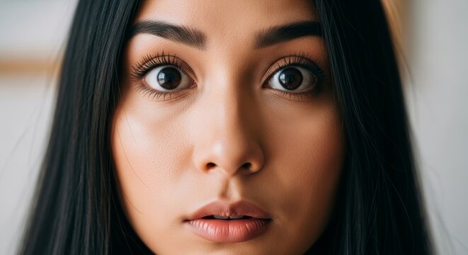 Close-up portrait of a young woman with wide eyes, conveying surprise or shock in a natural, unposed moment