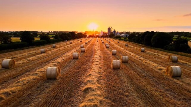 Aerial view of golden fields filled with hay bales during a vibrant sunset over a rural countryside landscape