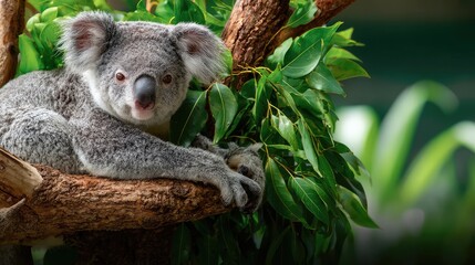 Fototapeta premium Adorable koala resting on a tree branch surrounded by lush green leaves in a vibrant natural habitat showcasing unique wildlife beauty