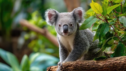 Fototapeta premium Captivating Image of a Koala Bear Perched on a Branch Surrounded by Lush Green Leaves in a Natural Habitat Setting, Showcasing Its Unique Features and Playful Expression