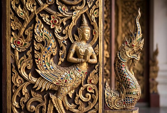Close-up of a traditional Thai temple door, exquisite hand-carved wood with gold leaf and colorful mirror inlays, depicting mythical creatures, high texture detail, soft side lighting to emphasize dep
