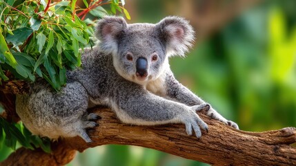 Naklejka premium Close-Up Portrait of a Koala Relaxing on a Branch Surrounded by Green Leaves in a Natural Habitat, Capturing the Essence of Australian Wildlife