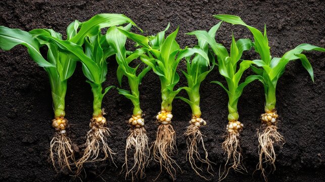 Healthy corn plants showing root systems in rich dark soil, illustrating agricultural growth, plant development, and the importance of soil health in farming practices.