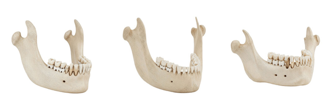 Human Mandible Lower Jaw Bone Set with Teeth and Temporomandibular Joint Detail. Professional Medical Illustration of the Craniofacial Skeletal System for Dental and Healthcare.