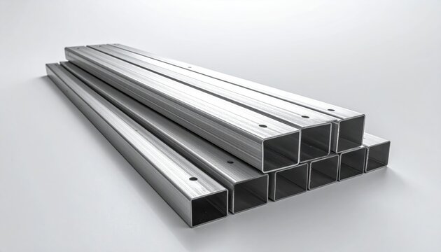 Stack of square metal tubes with pre-drilled holes for industrial construction projects studio shot on white background shiny steel