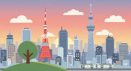 Obraz premium Tokyo City Skyline Illustration with Iconic Towers at Sunset