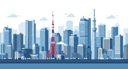 Obraz premium Tokyo City Skyline Vector Illustration with Iconic Landmarks