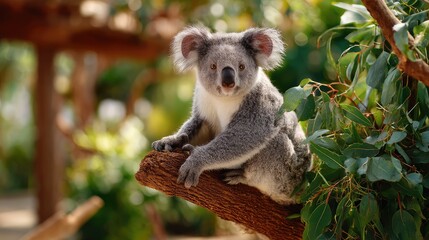 Fototapeta premium Adorable koala sitting on a tree branch surrounded by lush green foliage, showcasing its unique features and playful personality in a natural habitat.