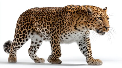 Fototapeta premium Realistic 3D Render of a Majestic Leopard Walking Gracefully Against a Plain Background, Showcasing Its Distinctive Spots and Powerful Build