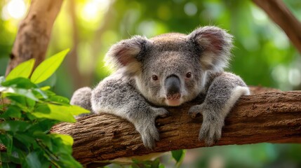 Fototapeta premium A close-up view of a relaxed koala resting on a tree branch amidst lush greenery, showcasing its distinctive appearance and peaceful demeanor in a natural habitat.