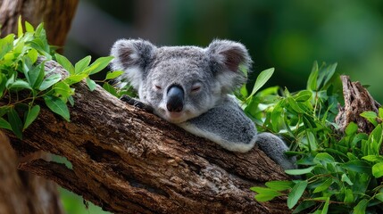 Obraz premium A peaceful koala resting on a tree branch surrounded by vibrant green leaves, showcasing the natural beauty and serenity of Australian wildlife in a lush environment