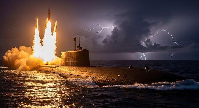 Submarine launches ballistic missiles from turbulent waters under a lightning storm, a powerful depiction of naval defense, strategic readiness, and advanced military might at sea