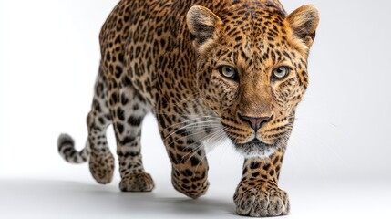 Naklejka premium Close-Up of a Majestic Leopard Walking Forward, Capturing the Beauty and Power of This Wild Cat with Stunning Detail and Lifelike Realism in a Studio Setting