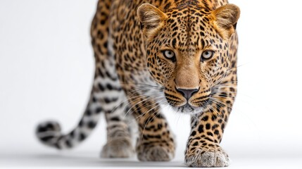 Fototapeta premium Majestic Leopard Stalking Gracefully on White Background, Highlighting Its Beautiful Coat and Intense Gaze, Symbol of Wildness and Strength in Nature