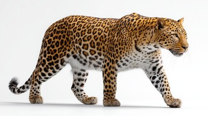 Fototapeta premium Graceful Leopard Walking in a Natural Posture, Showcasing Beautiful Fur Patterns and Distinctive Features in a Bright White Studio Background
