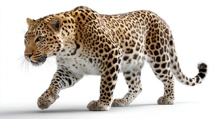 Majestic leopard with striking coat patterns walking gracefully on a white background, showcasing its sleek body and powerful stance, symbol of beauty and wildness.