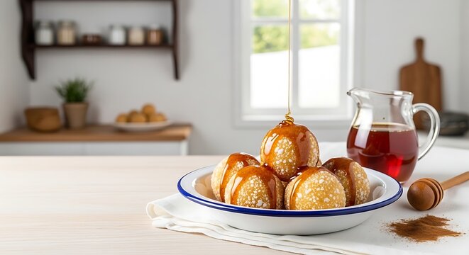 mandioca sweet balls, small golden fried balls of sweet cassava dough, arranged in white ceramic plate with blue rim.