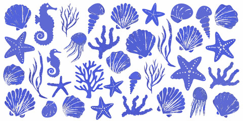 Blue monochrome illustration of various marine life and seashells © Roni
