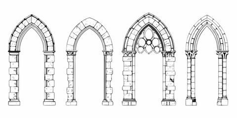 Fototapeta premium Four gothic arches detailed in a black and white sketch illustration