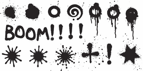 Black spray paint splatters drips and the word boom on a white background © Roni