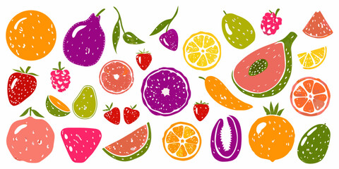 Colorful assortment of hand drawn fruits including citrus berries and melons © Roni