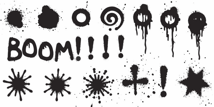 Black spray paint splatters drips and the word boom on a white background