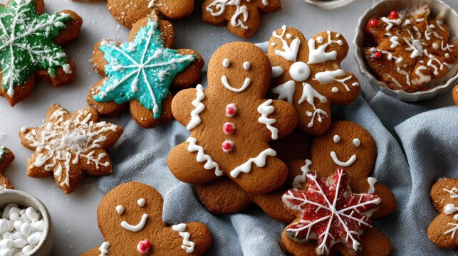 Festively Decorated Gingerbread Cookies on a Textured Blue Surface Surrounded by Festive Treats, Perfect for Holiday Celebrations and Seasonal Celebrations