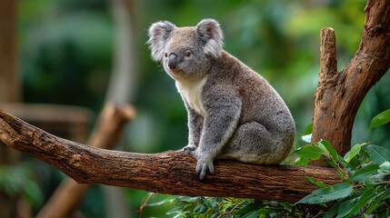 Obraz premium Adorable koala resting on a branch amidst lush greenery, showcasing its soft fur and endearing facial features in a serene natural environment