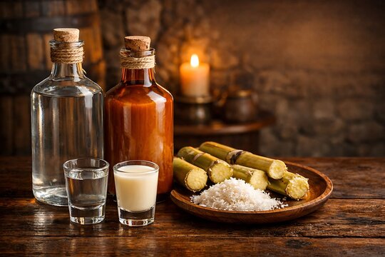 Cape Verdean beverages, grogue (sugarcane spirit) in transparent artisanal glass bottle beside ponche (coconut liqueur) in amber glass bottle. 