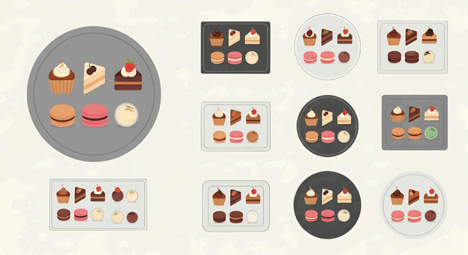 An assortment of various desserts displayed on multiple plates and trays indoors