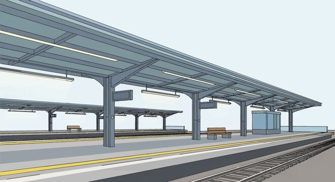 Modern Railway Station Platform with Steel Canopy Structure