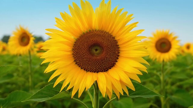A field of vibrant sunflowers reaching towards the blue sky, symbolizing growth and happiness. The large, bright yellow petals create a striking contrast against the green leaves and brown center