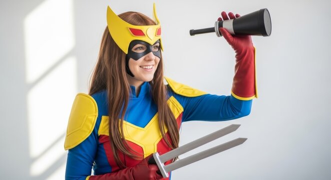 Creative female cosplayer dressed as a comic book superhero in a blue and yellow costume, holding replica comic book weapons