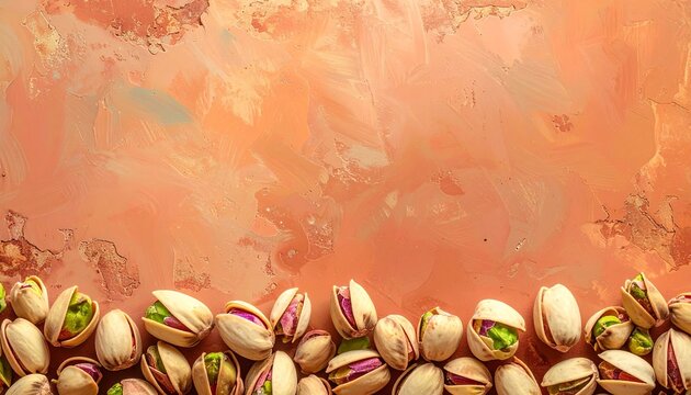 Fresh pistachios, a healthy mix of shelled and unshelled nuts, forming a rustic border on a textured orange backdrop, perfect for food photography