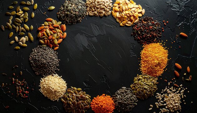 An overhead view of a collection of various seeds arranged in a circular pattern on a dark, textured surface, creating a visually appealing mosaic of colors and textures
