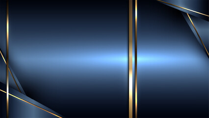 luxury dark blue background with elegant gold geometric lines and metallic layered shapes, corporate branding and gala invitation design