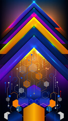 Futuristic abstract background with glowing neon arrows and blue orange hexagons, high tech digital circuit patterns and vibrant light effects for modern corporate technology