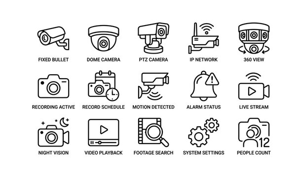 Surveillance icons set for security systems with cameras and alarms