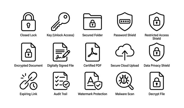 Secure access icons collection: lock, key, folder, shield, document, cloud, security