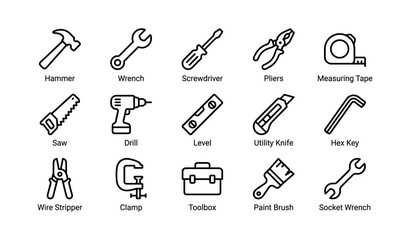 Collection of various hand tools with simple outline icons