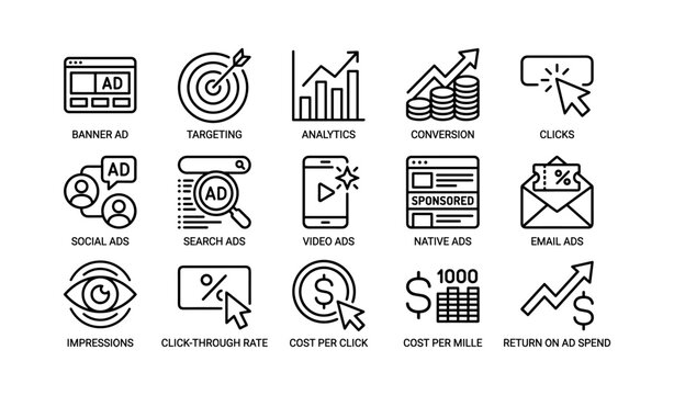 Digital advertising icons: metrics, targeting, analytics, conversion, ctr, roi