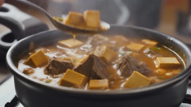 Hearty beef stew with tofu in a black pot on stovetop