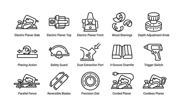 Electric and cordless planer tools with accessories and features illustrated