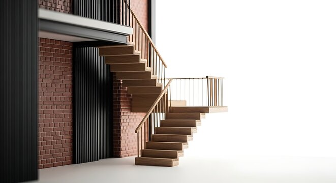 Wooden Staircase with Brick Wall and Black Door, Architectural Design.