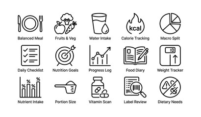 Nutrition and fitness icons for meal planning and health tracking