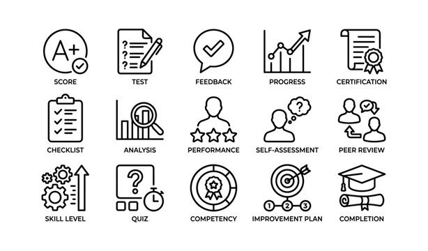 Performance and assessment icons: score, feedback, certification, competency, quiz