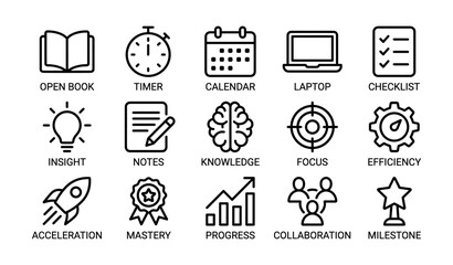 Educational icons: book, timer, calendar, laptop, checklist, brain, efficiency