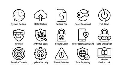Fototapeta premium Cybersecurity icons: system restore, data backup, antivirus, encryption